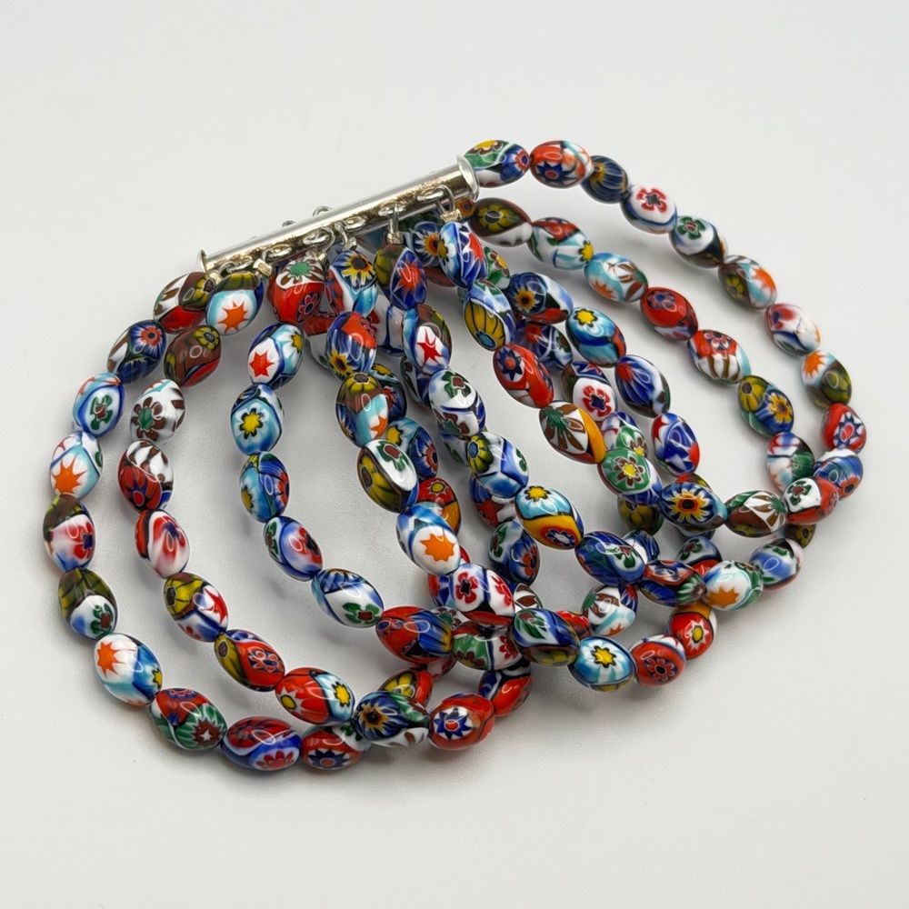 Vintage Murano Millefiori Glass Multi-Strand Bracelet 925 Sterling Silver Clasp - Picture 3 of 16
